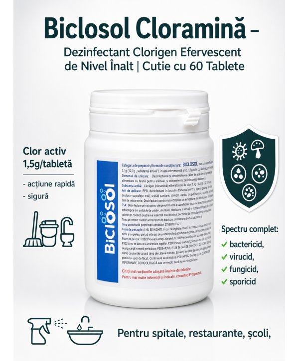 Acasa - Biclosol – Dezinfectant Clorigen Efervescent de Nivel Înalt cu Spectru Larg de Actiune – 60 Tablete - arli.ro