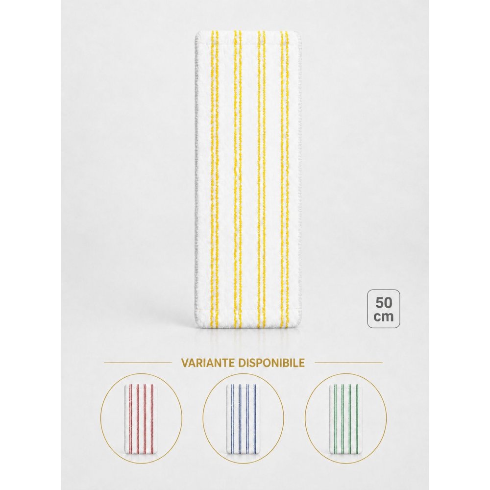Mop profesional plat 50 cm din microfibră cu dungi galbene, urechi și buzunare, pentru lavoare