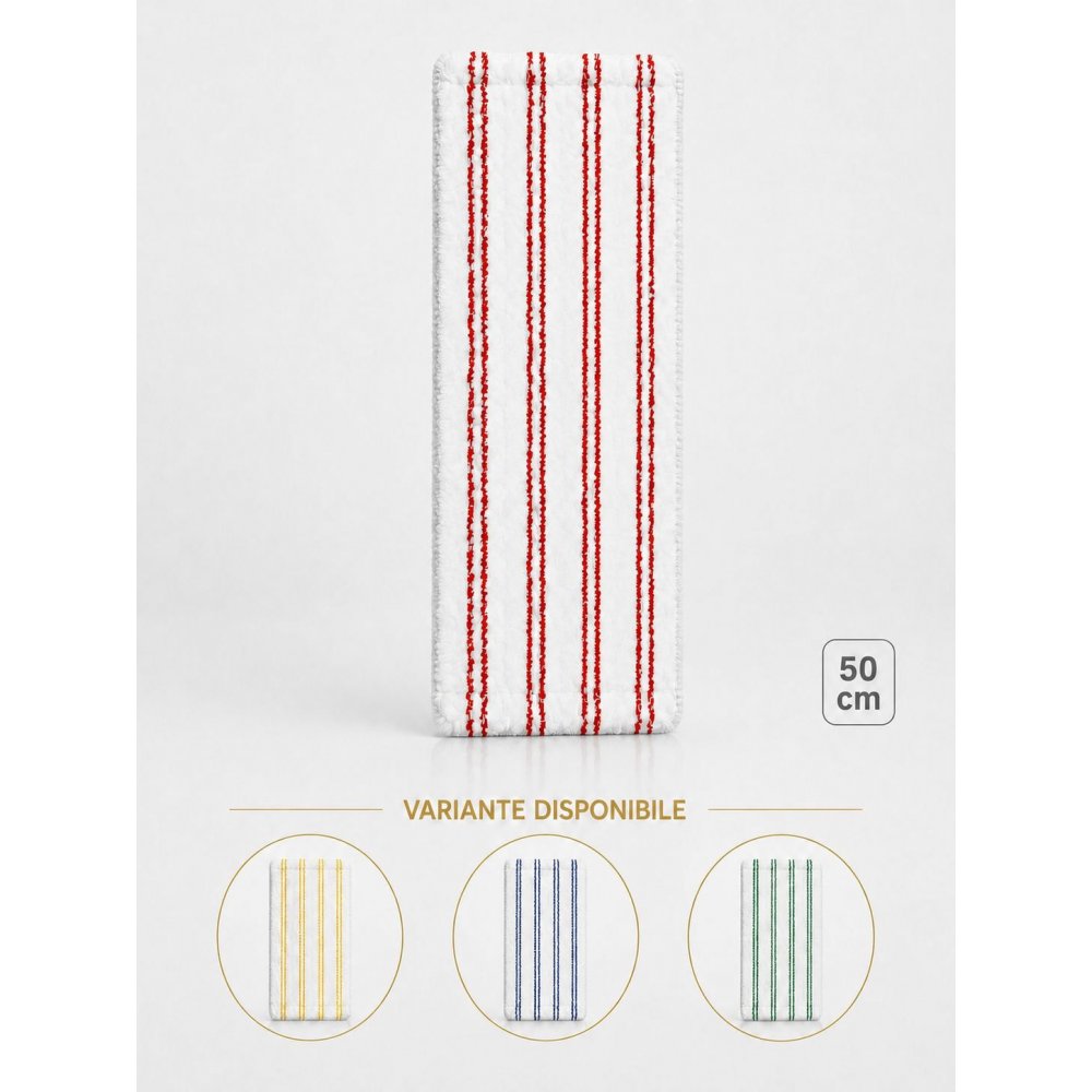 Mop profesional plat 50 cm din microfibră cu dungi roșii, urechi și buzunare, pentru toalete