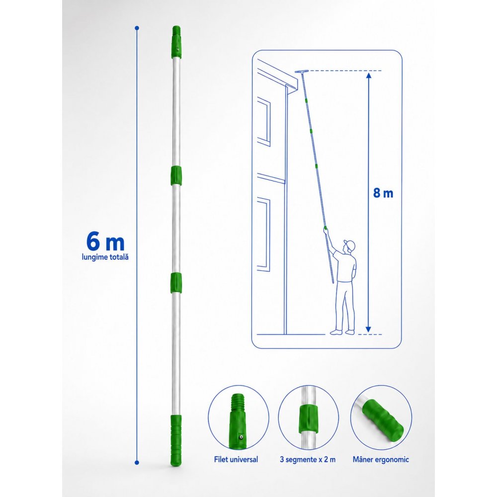 Mâner telescopic profesional din aluminiu, 6 m, 3 segmente x 2 m – filet universal