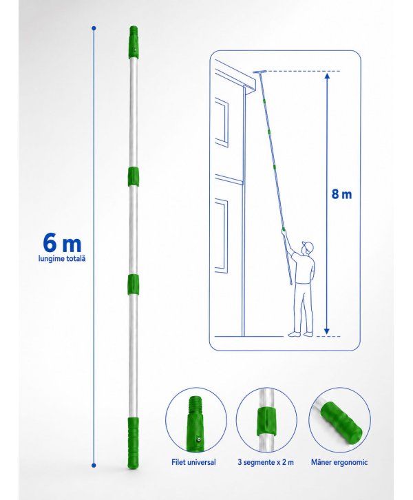 Mâner telescopic profesional din aluminiu, 6 m, 3 segmente x 2 m – filet universal
