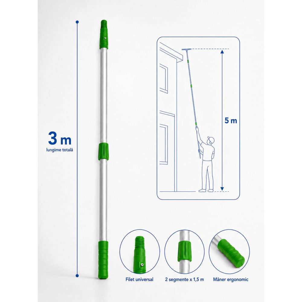 Mâner Telescopic Profesional din Aluminiu pentru  Curățenie la Înălțime - 3 metri (2 buc x 1,5 metri)