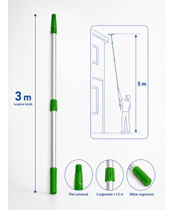  Materiale de curatenie - Mâner Telescopic Profesional din Aluminiu pentru  Curățenie la Înălțime - 3 metri (2 buc x 1,5 metri) - arli.ro