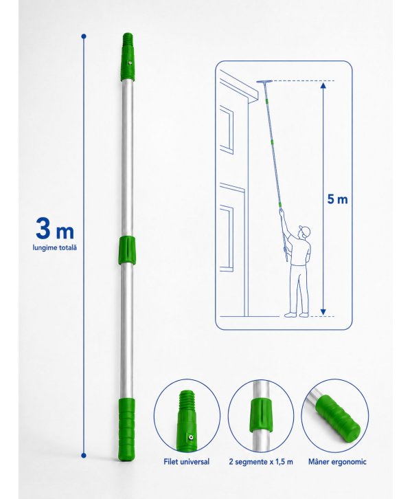 Mâner Telescopic Profesional din Aluminiu pentru  Curățenie la Înălțime - 3 metri (2 buc x 1,5 metri)