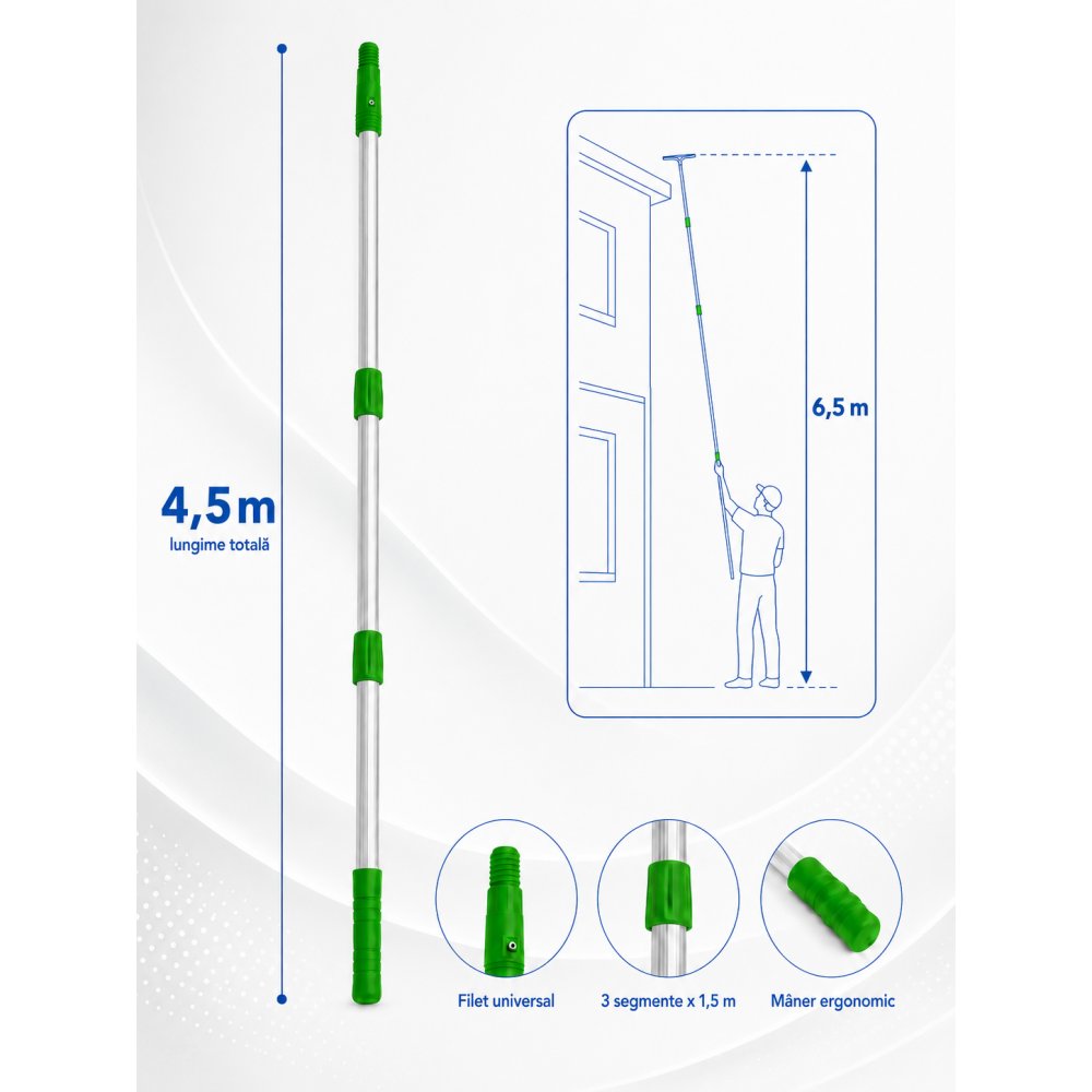 Mâner Telescopic Profesional din Aluminiu pentru  Curățenie la Înălțime Mare - 4,5 metri (3 buc x 1,5 metri)