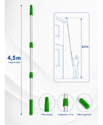  Materiale de curatenie - Mâner Telescopic Profesional din Aluminiu pentru  Curățenie la Înălțime Mare - 4,5 metri (3 buc x 1,5 metri) - arli.ro