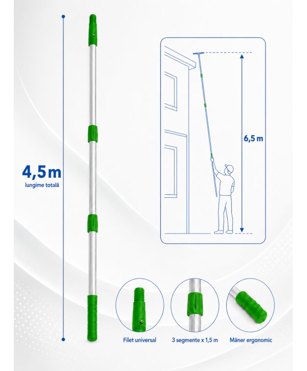 Mâner Telescopic Profesional din Aluminiu pentru  Curățenie la Înălțime Mare - 4,5 metri (3 buc x 1,5 metri)