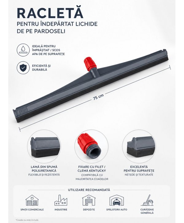Racleta pentru indepartat lichide de pe pardoseli, coada metalica 120 cm, lama din spuma poliuretanica de 75 cm, filet universal