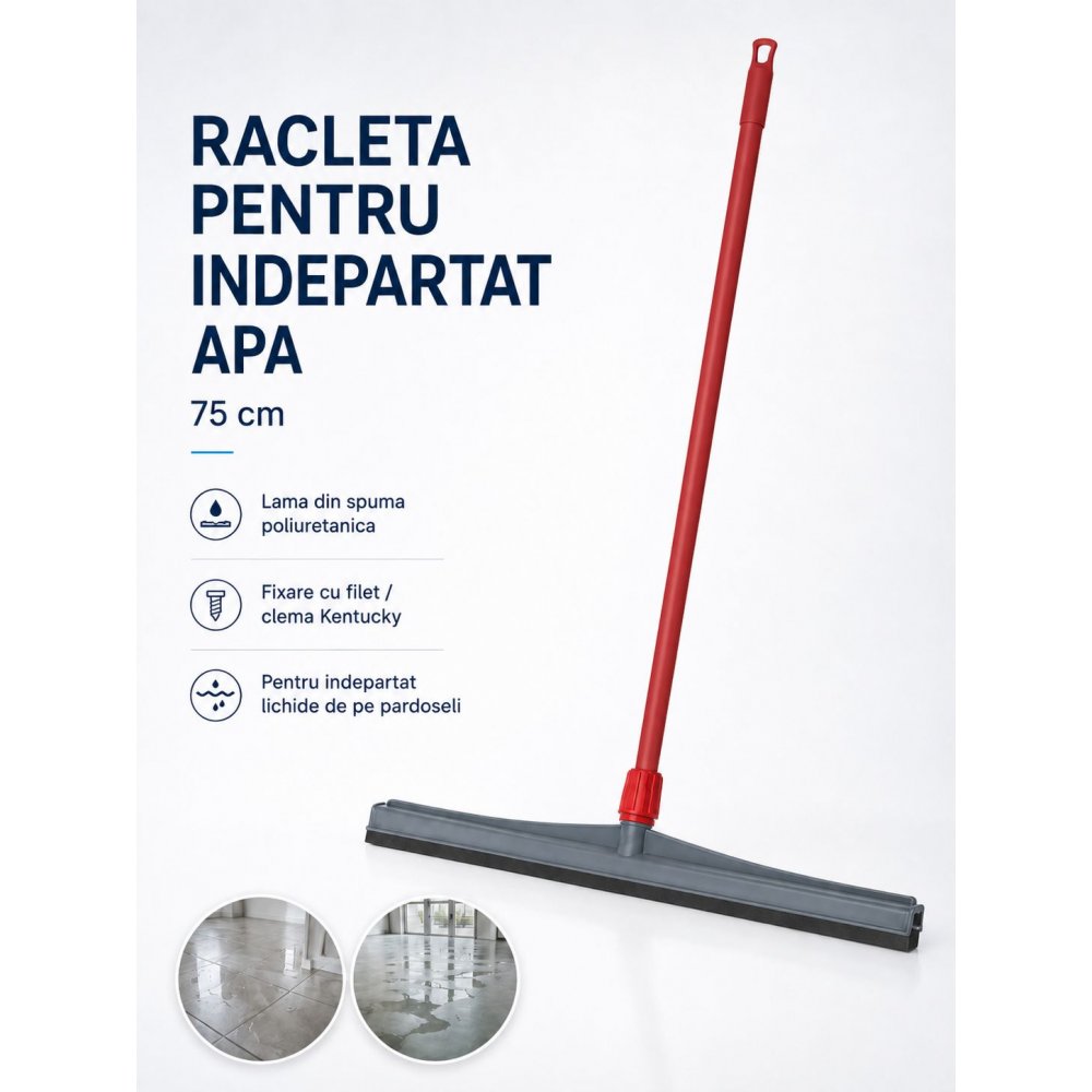 Racleta pentru indepartat lichide de pe pardoseli, coada metalica 120 cm, lama din spuma poliuretanica de 75 cm, filet universal