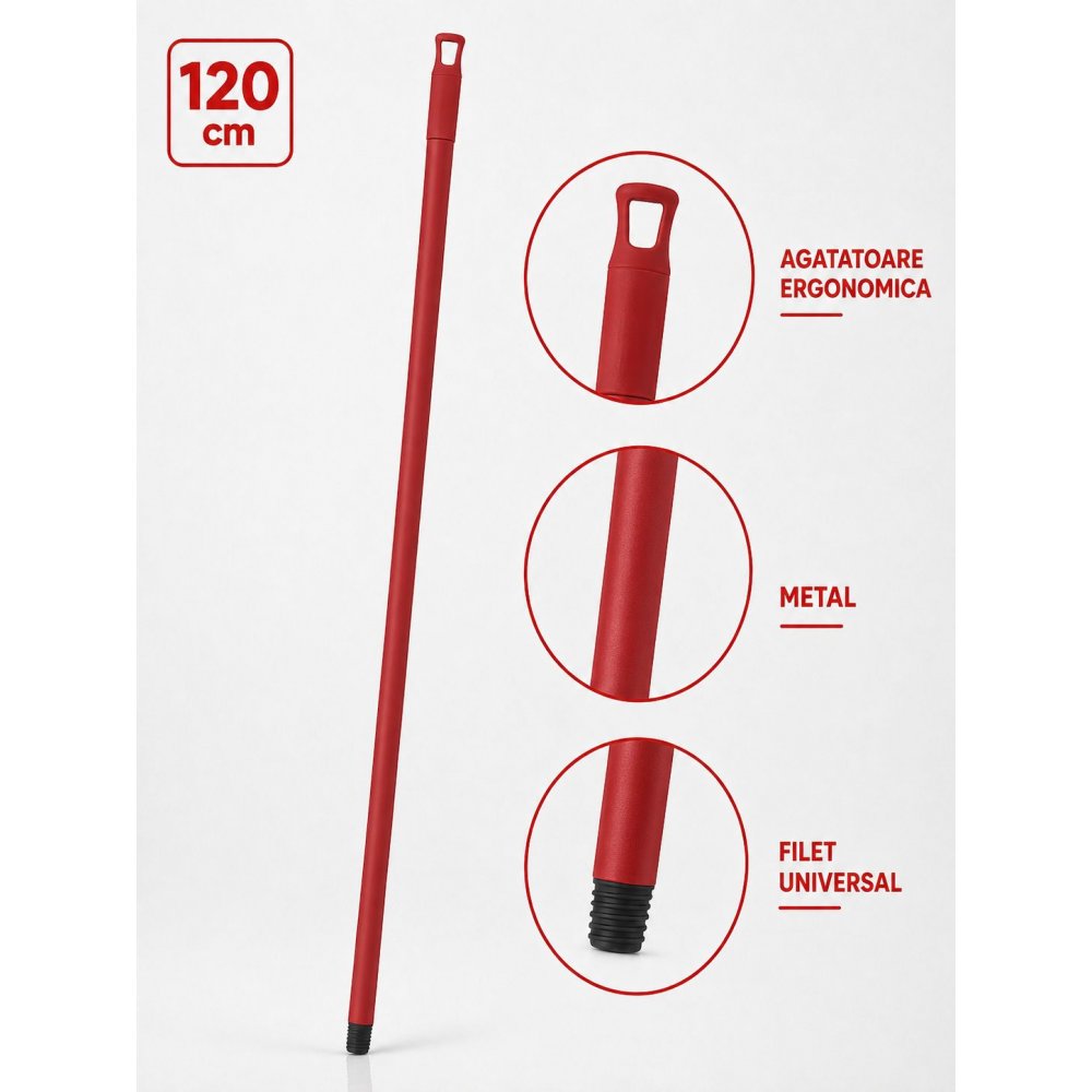 Mâner metalic ergonomic pentru mopuri, mături și raclete, 120 cm, Roșu – Compatibilitate universală și igienă garantată