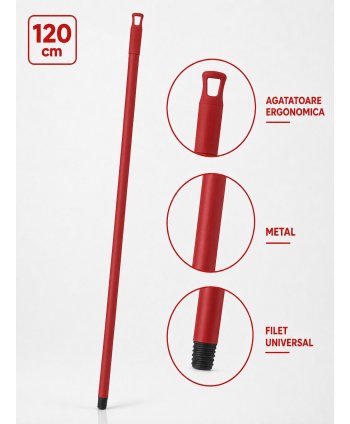  Materiale de curatenie - Mâner metalic ergonomic pentru mopuri, mături și raclete, 120 cm, Roșu – Compatibilitate universală și igienă garantată - arli.ro