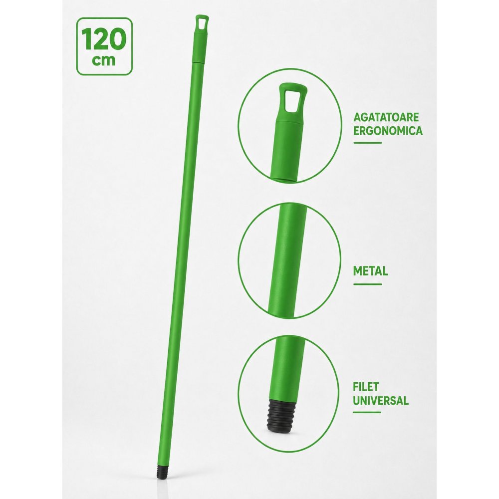 Mâner metalic ergonomic pentru mopuri, mături și raclete, 120 cm, Verde – Compatibilitate universală și igienă garantată