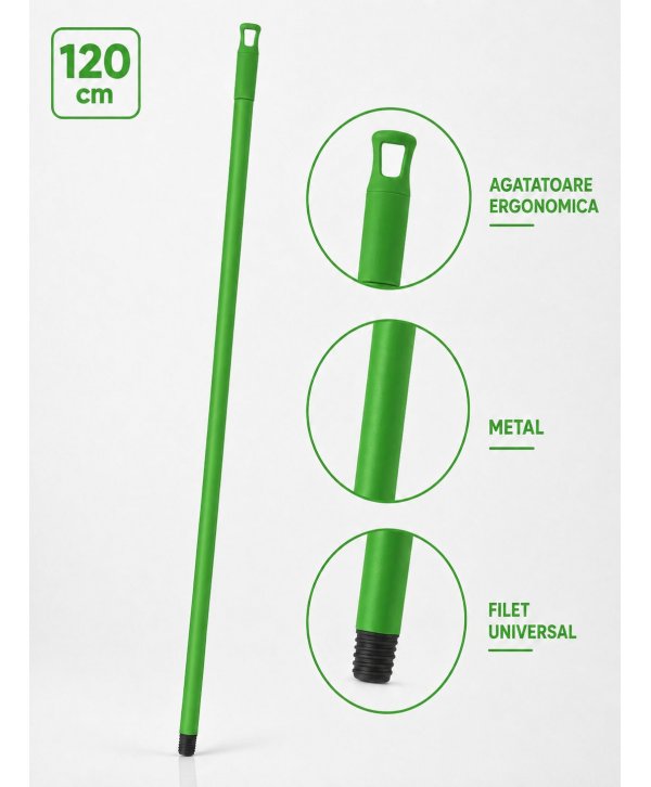 Mâner metalic ergonomic pentru mopuri, mături și raclete, 120 cm, Verde – Compatibilitate universală și igienă garantată