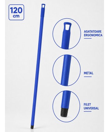  Materiale de curatenie - Mâner metalic ergonomic pentru mopuri, mături și raclete, 120 cm, Albastru – Compatibilitate universală și igienă garantată - arli.ro