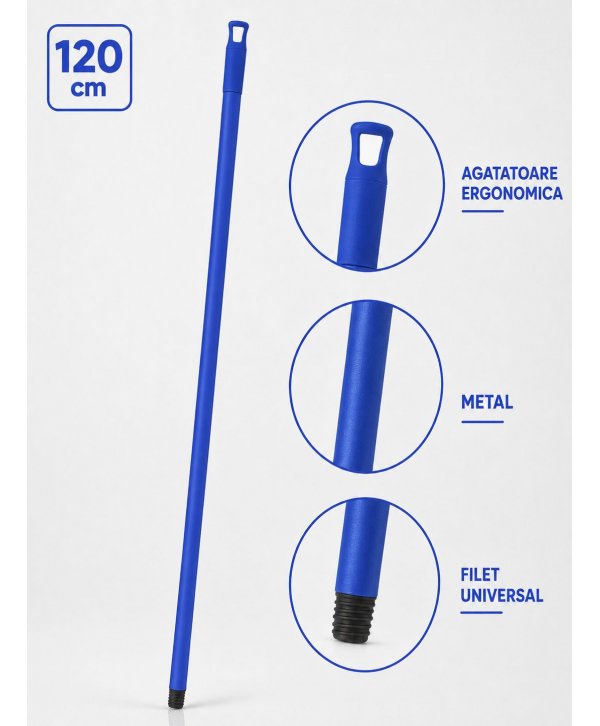 Materiale de curatenie - Mâner metalic ergonomic pentru mopuri, mături și raclete, 120 cm, Albastru – Compatibilitate universală și igienă garantată - arli.ro