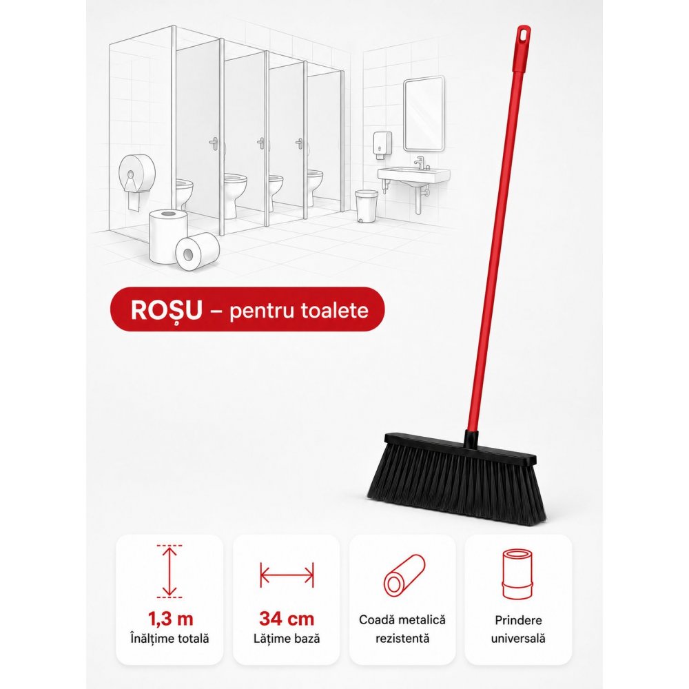 Mătură cu coadă metalică roșie, 1,3 m, lățime 34 cm – pentru toalete