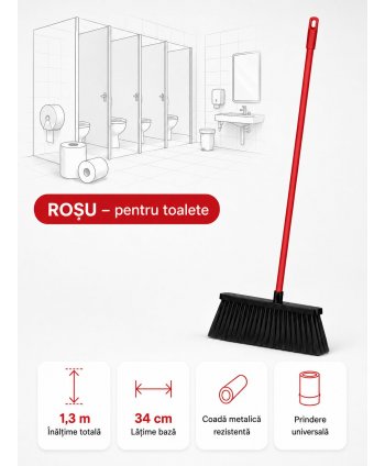  Acasa - Mătură cu coadă metalică roșie, 1,3 m, lățime 34 cm – pentru toalete - arli.ro