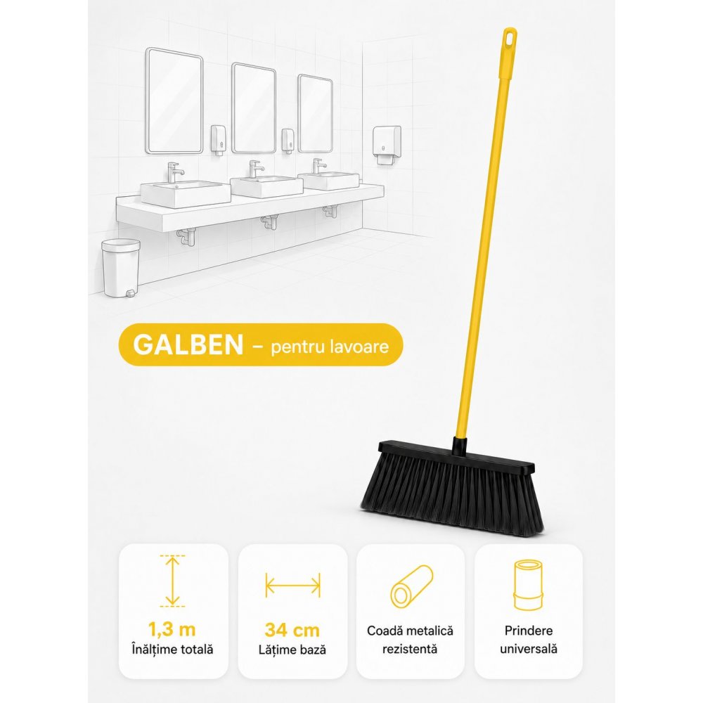 Mătură cu coadă metalică galbenă, 1,3 m, lățime 34 cm – pentru lavoare