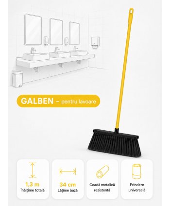  Acasa - Mătură cu coadă metalică galbenă, 1,3 m, lățime 34 cm – pentru lavoare - arli.ro