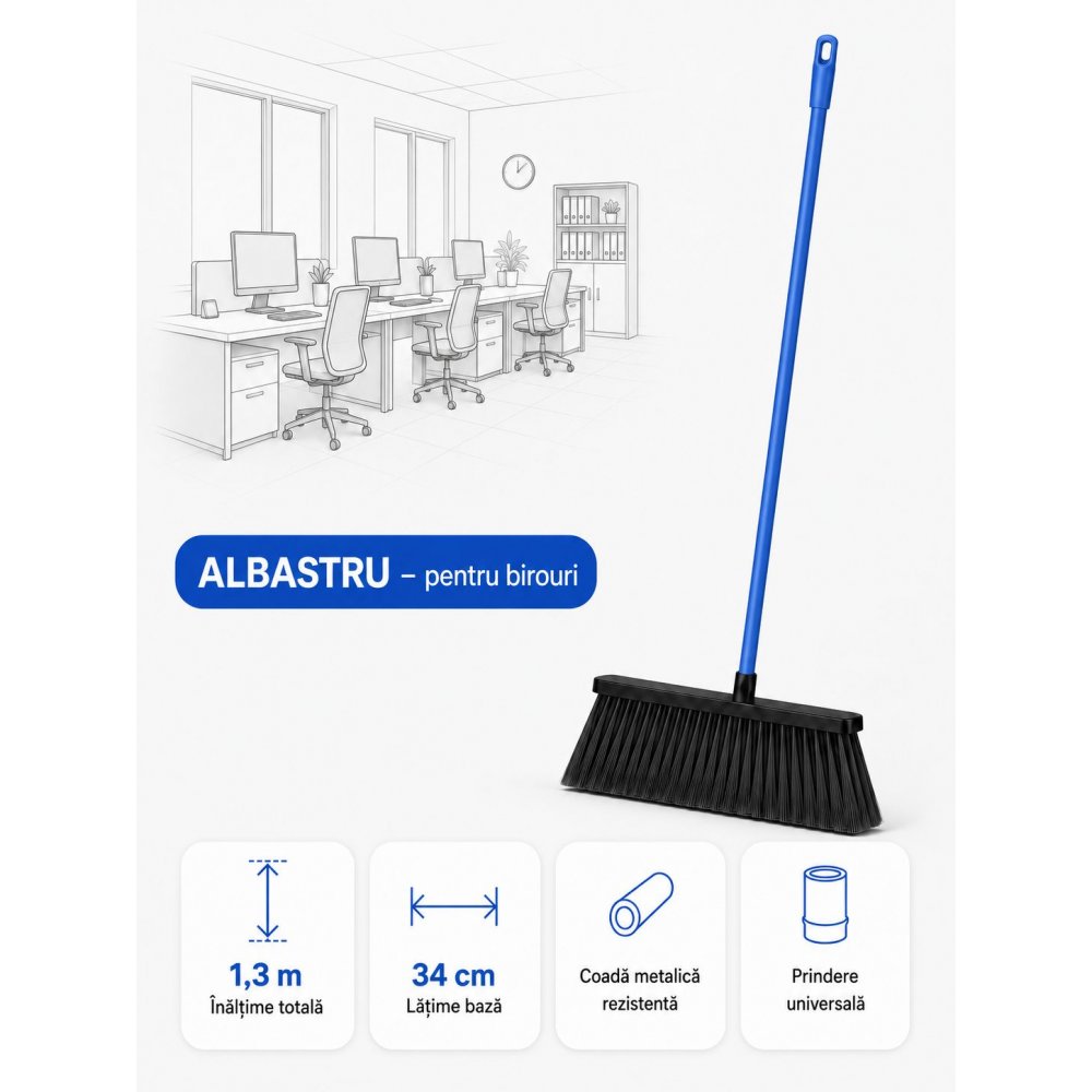 Mătură cu coadă metalică albastră, 1,3 m, lățime 34 cm – pentru birouri