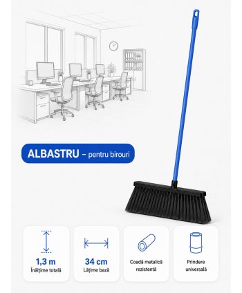  Acasa - Mătură cu coadă metalică albastră, 1,3 m, lățime 34 cm – pentru birouri - arli.ro