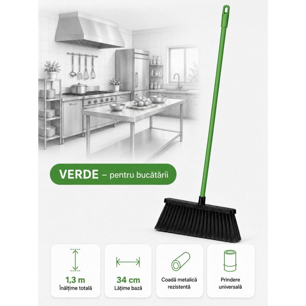 Mătură cu coadă metalică verde, 1,3 m, lățime 34 cm – pentru bucătării