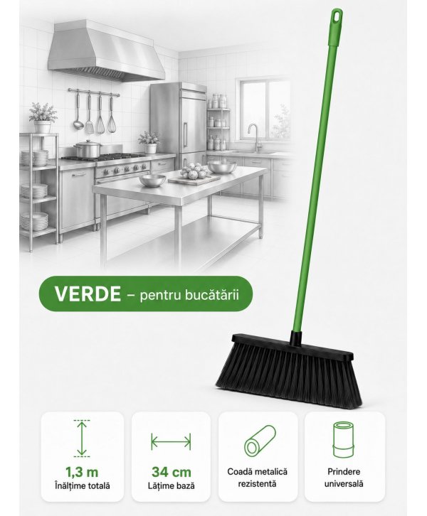 Mătură cu coadă metalică verde, 1,3 m, lățime 34 cm – pentru bucătării Mătură cu coadă metalică verde, 1,3 m, lățime 34 cm – pentru bucătării