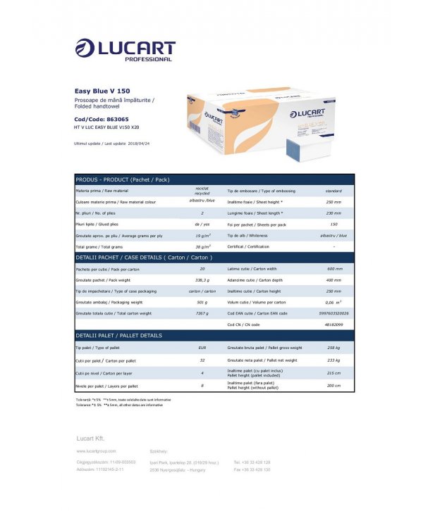 Prosoape de maini din hartie reciclata albastra, 2 straturi, 3000 buc, 20 pach x 150 servetele, 23 x 25 cm, Lucart 863065