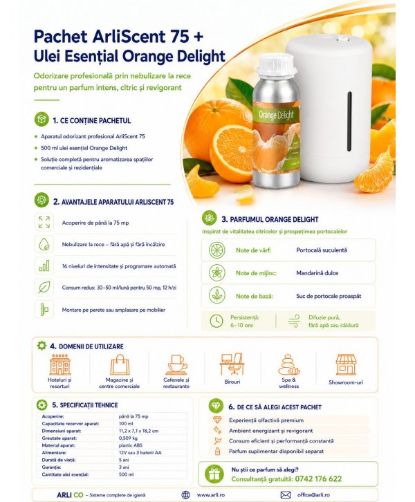 Pachet Promoțional ArliScent® 75 + Ulei Esențial Orange Delight 500 ml Odorizare profesională premium cu explozie de energie Pachet Promoțional ArliScent® 75 + Ulei Esențial Orange Delight 500 ml Odorizare profesională premium cu explozie de energie