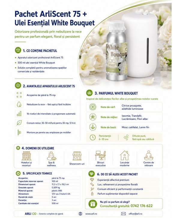 Pachet Promoțional ArliScent® 75 + Ulei Esențial White Bouquet 500 ml Odorizare profesională premium pentru spații mari Pachet Promoțional ArliScent® 75 + Ulei Esențial White Bouquet 500 ml Odorizare profesională premium pentru spații mari