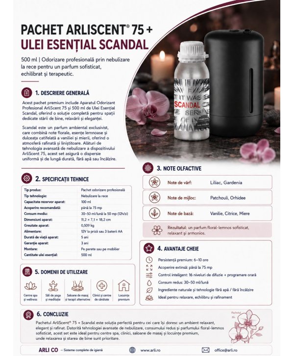 Pachet Promoțional ArliScent® 75 + Ulei Esențial Scandal 500 ml Odorizare premium pentru echilibru și relaxare Pachet Promoțional ArliScent® 75 + Ulei Esențial Scandal 500 ml Odorizare premium pentru echilibru și relaxare