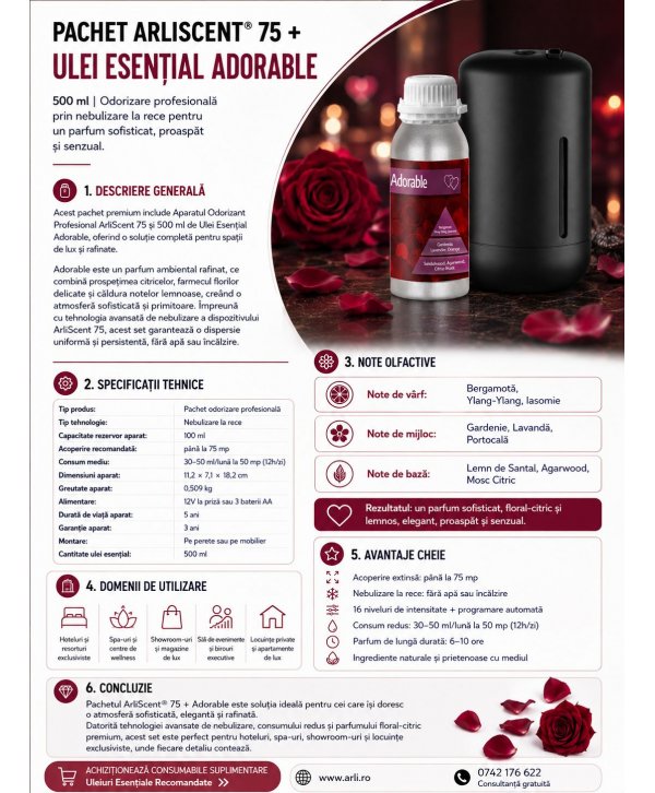 Pachet Promoțional ArliScent® 75 + Ulei Esențial Adorable 500 ml - Echilibru între delicatețe florală și rafinament lemnos Pachet Promoțional ArliScent® 75 + Ulei Esențial Adorable 500 ml - Echilibru între delicatețe florală și rafinament lemnos