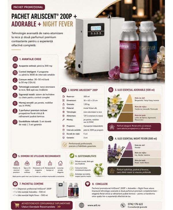 Pachet Difuzor Profesional de Uleiuri Esentiale ArliScent  + Adorable 500ml + Night Fever 500ml