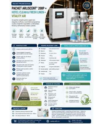 Pachet Difuzor Profesional de Uleiuri Esentiale ArliScent  + Hotel Clean & Fresh Linen 500ml + Vitality Air 500ml
