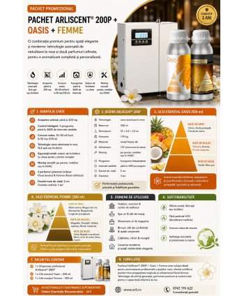 Pachet Difuzor Profesional de Uleiuri Esentiale ArliScent  + Oasis 500ml + Femme 500ml