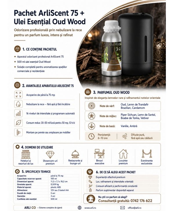 Pachet Promoțional ArliScent® 75 + Ulei Esențial Oud Wood 500 ml Odorizare profesională premium, rafinament oriental Pachet Promoțional ArliScent® 75 + Ulei Esențial Oud Wood 500 ml Odorizare profesională premium, rafinament oriental