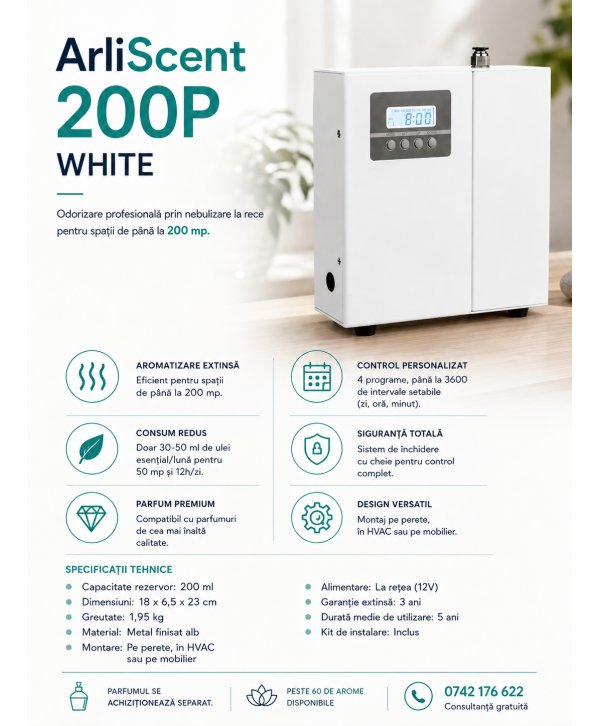 Dispenser pt ulei esential odorizant, acoperire 200 mp, priza, metalic, cheie, HVAC, nebulizare, alb, ArliScent 200P