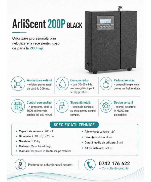 Dispenser de ulei esential odorizant, acoperire 200 mp, priza, metalic, cheie, HVAC, nebulizare, negru, ArliScent 200P Dispenser de ulei esential odorizant, acoperire 200 mp, priza, metalic, cheie, HVAC, nebulizare, negru, ArliScent 200P