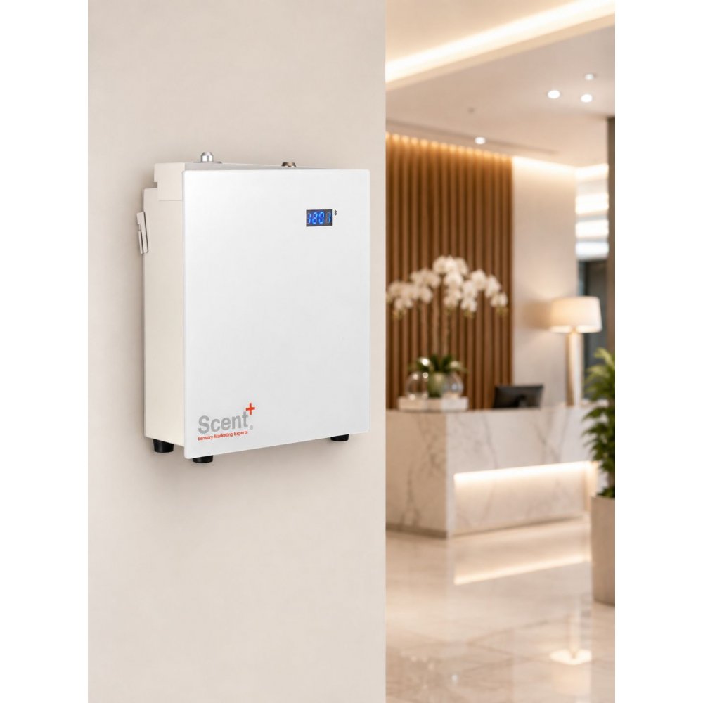 Aparat odorizant ulei esential, acoperire 700 mp, priza, app, bluetooth, instalatie HVAC, atomizor aluminiu, alb, ScentPlus 700