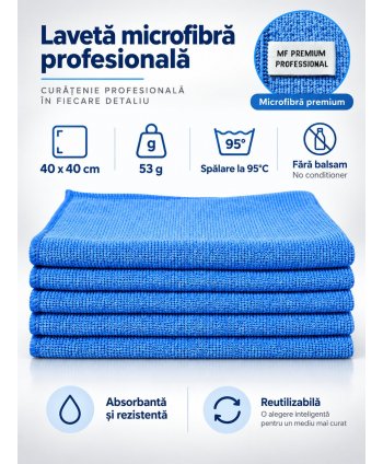 Pachet 5 lavete microfibră PREMIUM PROFESSIONAL 40×40 cm, 53 g – Albastru pentru Spații Administrative și Zone Comune