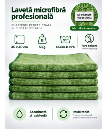 Pachet 5 lavete microfibră PREMIUM PROFESSIONAL 40×40 cm, 53 g – Verde pt Zone de Preparare / Servire Alimente