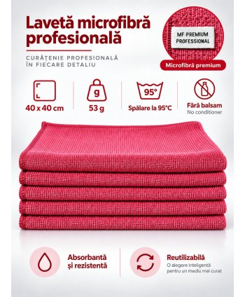 Pachet 5 lavete microfibră PREMIUM PROFESSIONAL 40×40 cm, 53 g – Roșu pentru Toalete și Zone de Deșeuri