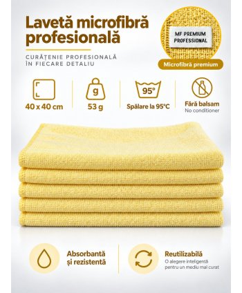Pachet 5 lavete microfibră PREMIUM PROFESSIONAL 40×40 cm, 53 g – Galben pentru Suprafețe din Băi și Spații Sanitare