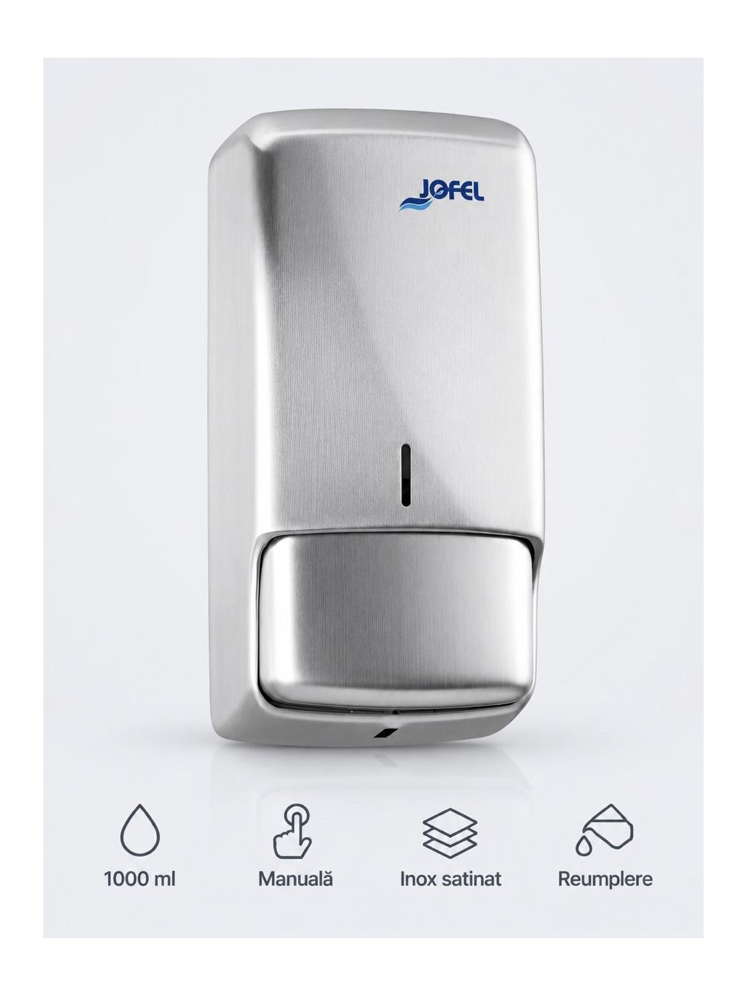 Dozator din inox satinat pentru sapun lichid din gama Jofel Futura, antivandalism, design minimalist, calitate premium