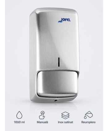 Dozator din inox satinat pentru sapun lichid din gama Jofel Futura, antivandalism, design minimalist, calitate premium