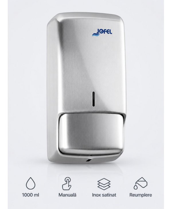 Dozator din inox satinat pentru sapun lichid din gama Jofel Futura, antivandalism, design minimalist, calitate premium