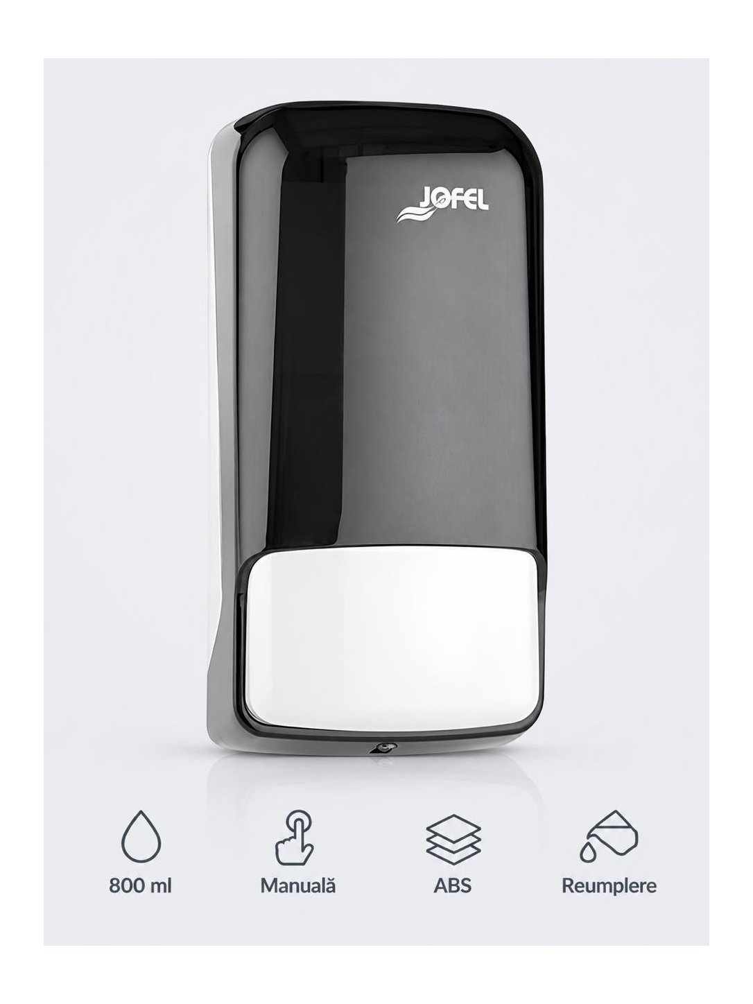 Dozator de Săpun Lichid Jofel AZUR, capacitate 800 ml, inchidere cu cheie, ABS negru de inalta calitate