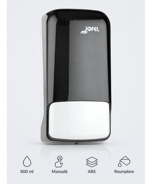 Dozator de Săpun Lichid Jofel AZUR, capacitate 800 ml, inchidere cu cheie, ABS negru de inalta calitate Dozator de Săpun Lichid Jofel AZUR, capacitate 800 ml, inchidere cu cheie, ABS negru de inalta calitate