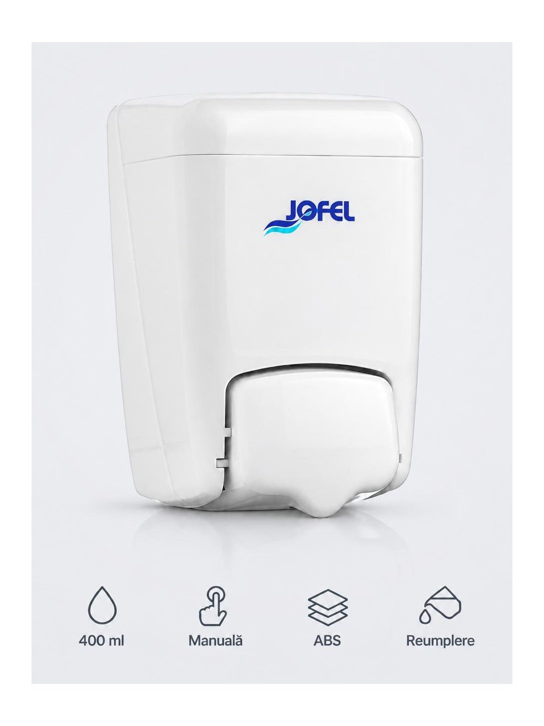 Dozator pentru sapun lichid Jofel Azur, capacitate 400 ml, ABS de inalta calitate, rezervor reincarcabil, alb