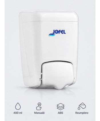 Dozator pentru sapun lichid Jofel Azur, capacitate 400 ml, ABS de inalta calitate, rezervor reincarcabil, alb
